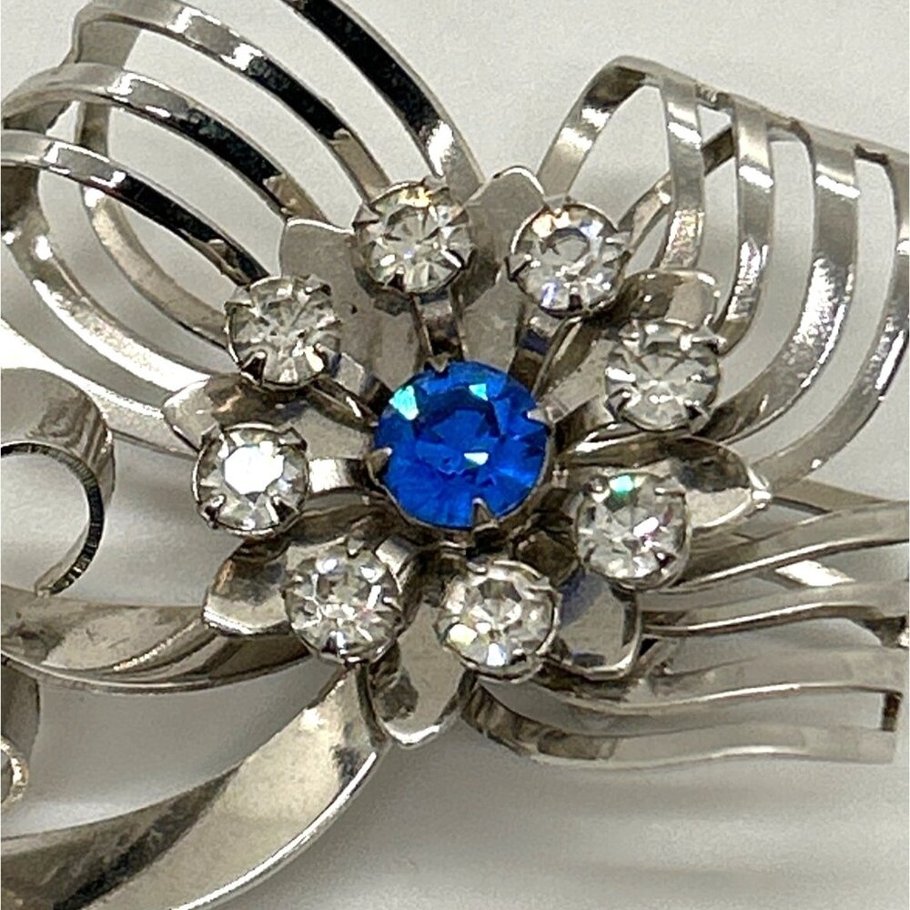 Vintage Bow Brooch Ribbon Pendant Floral & Clear Blue Center Silver-tone - Picture 2 of 11